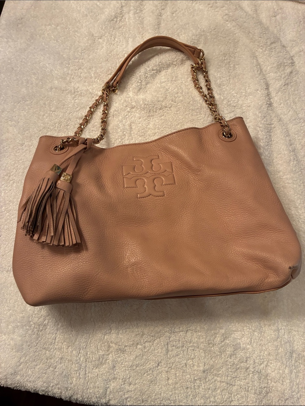 Tory Burch Pebbled Leather Shoulder Tote in Blush Pink with Tassel